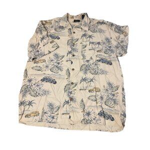 Cellini 100% Silk Hawaiian Button-Up Shirt Palm Tree Vintage Car Print Size XL